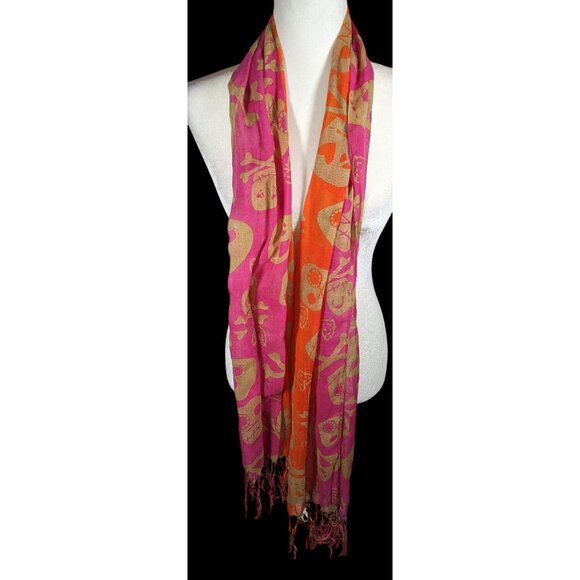 Gothic Voodoo Pink And Orange Skull Print Scarf With Fringe And Bead Accents - Picture 3 of 8